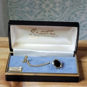 Vintage Signature Black Onyx Tie Tack in Original Box Gold ToneMen's Accessories